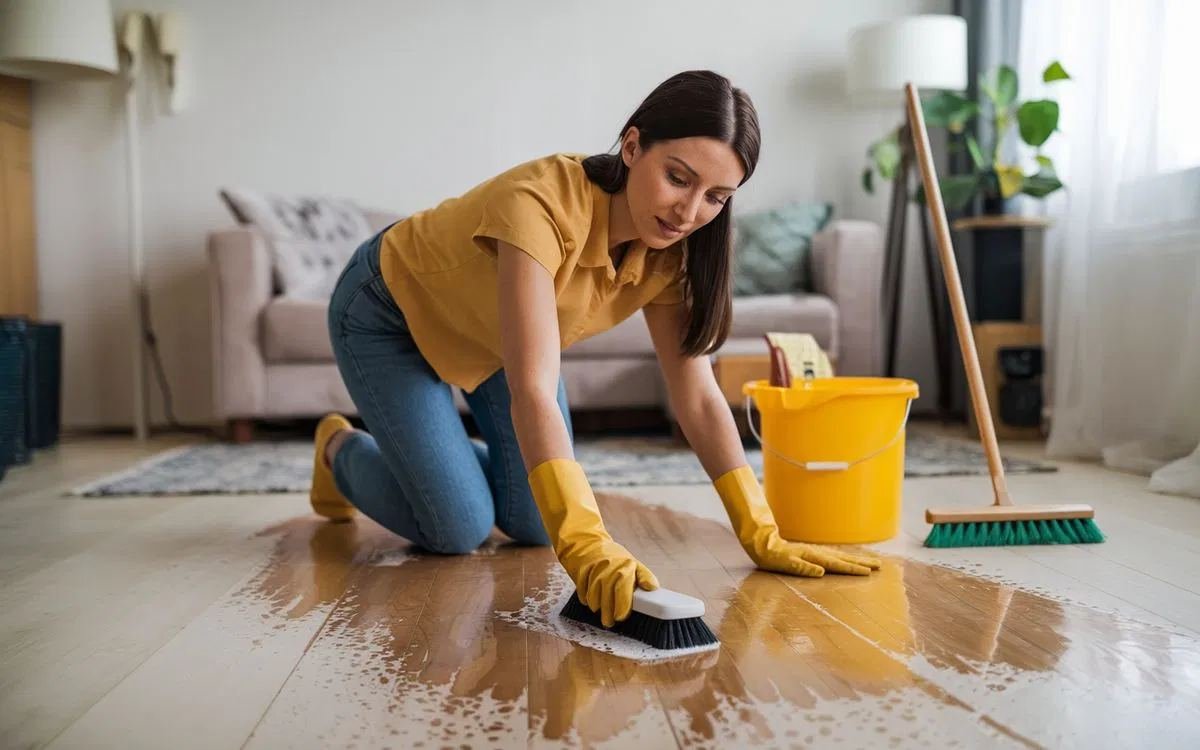 DBR staff member scrubbing a hardwood floor