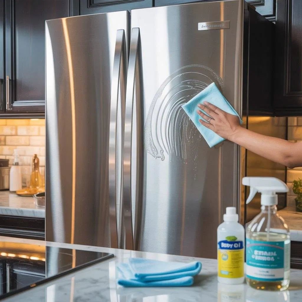 Cleaning chemical bottles staged beside a shining refrigerator