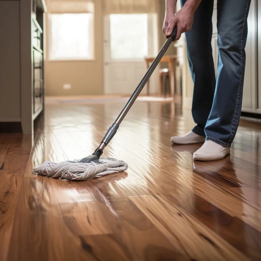 Domestic help mopping a hardwood floor