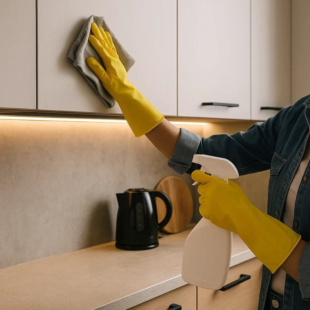 DBR cleaning staff wiping down kitchen cabinets