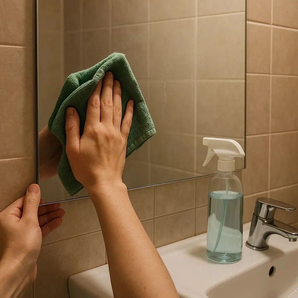 Deep cleaning of a bathroom mirror and fittings
