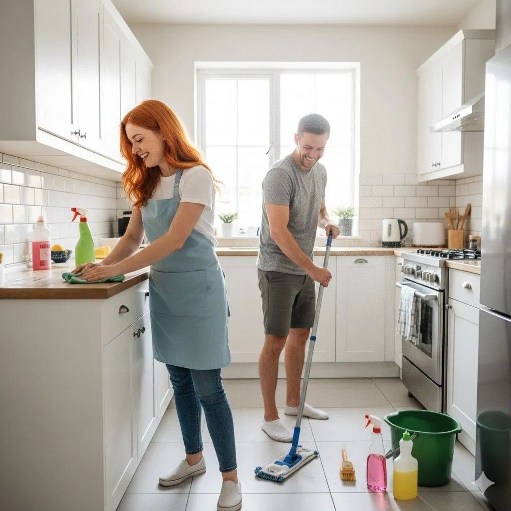 DBR cleaning professional at work in a bright kitchen