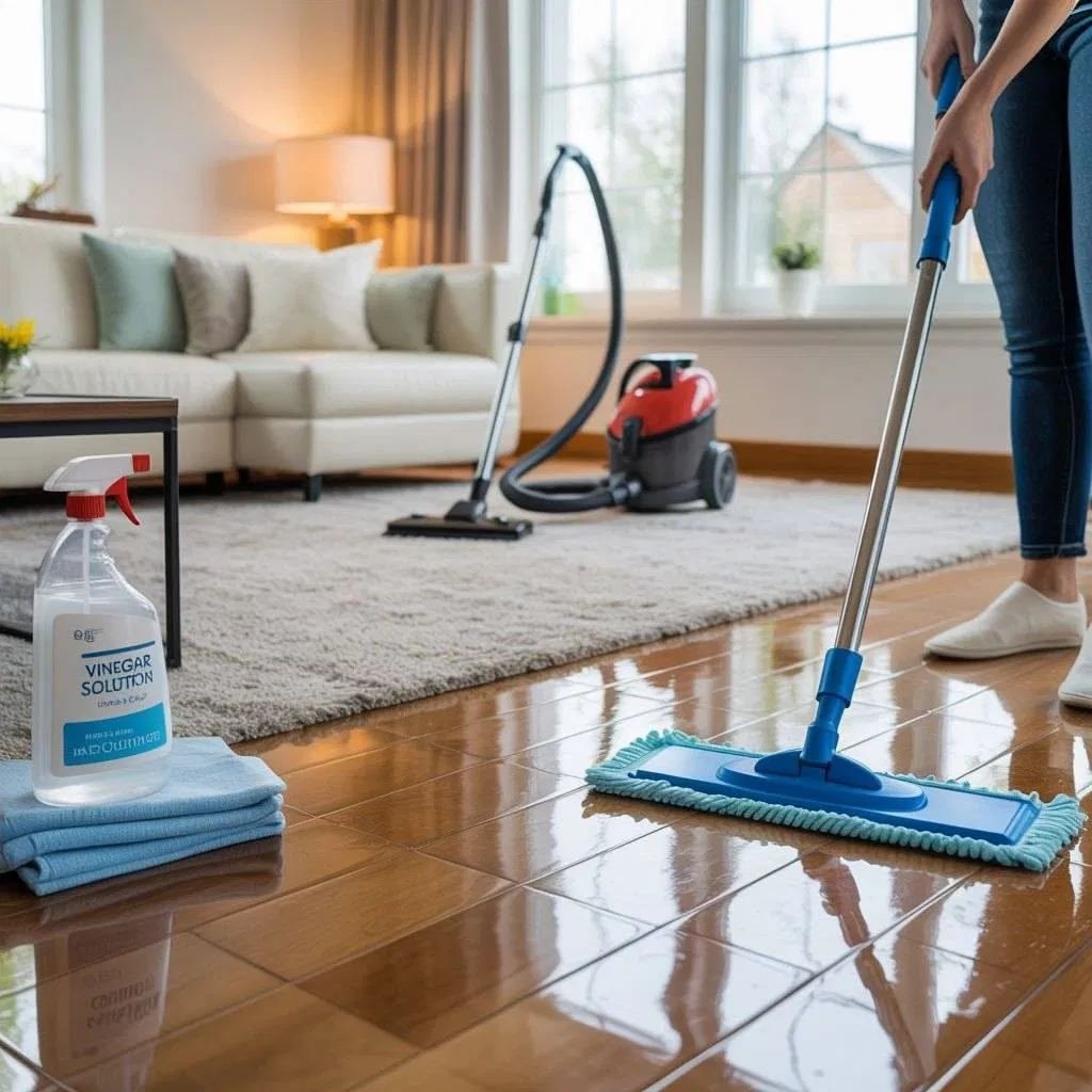 Housekeeping staff vacuuming a living room carpet